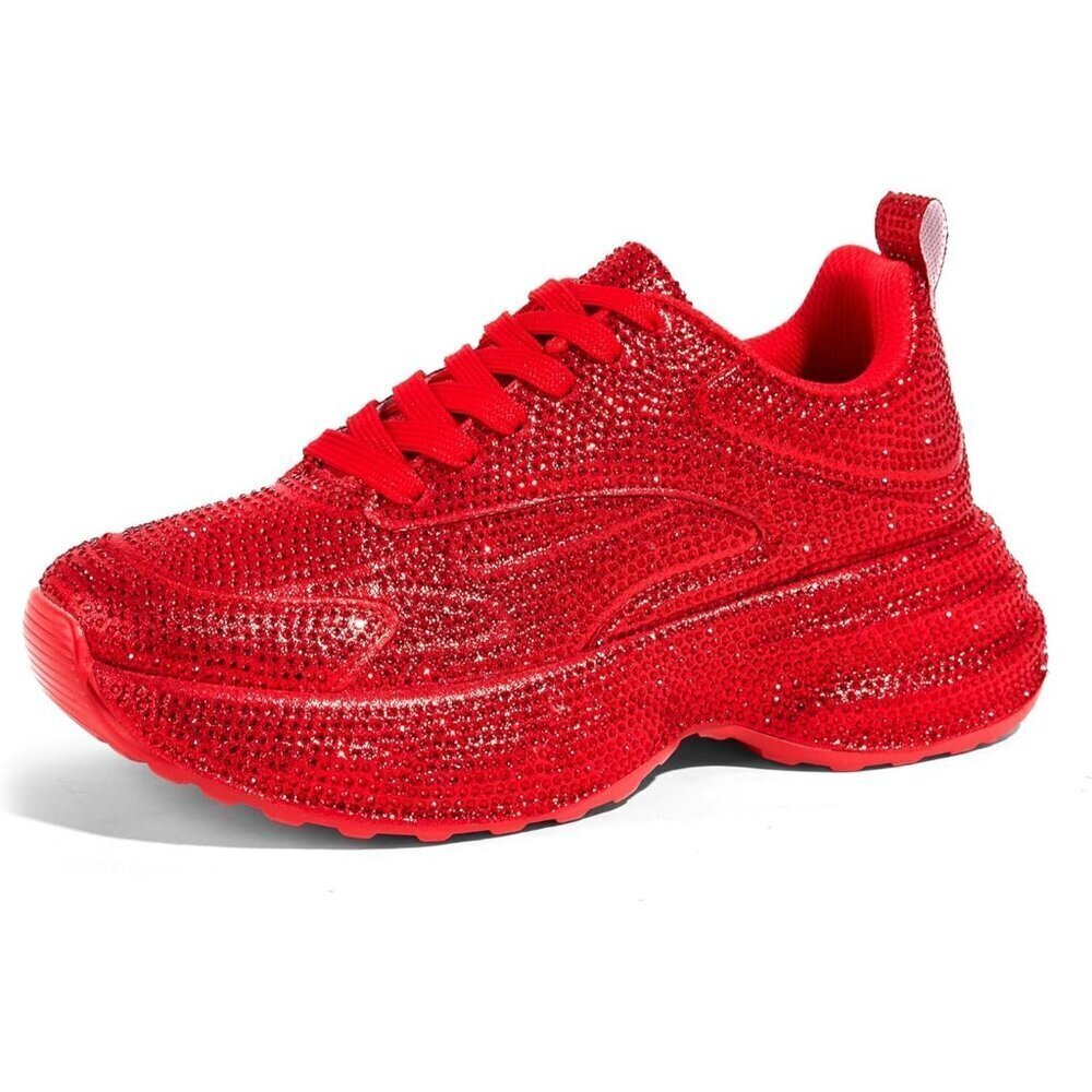 Women's Rhinestone Red Chunky Sparkly Casual Shiny Sneakers Shoes Footwear